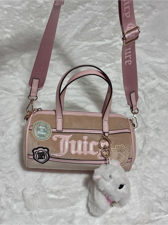 Juicy Couture Handbags - Juicy Couture Tan and Pink Velvet Barrel Bag with Plush Charm